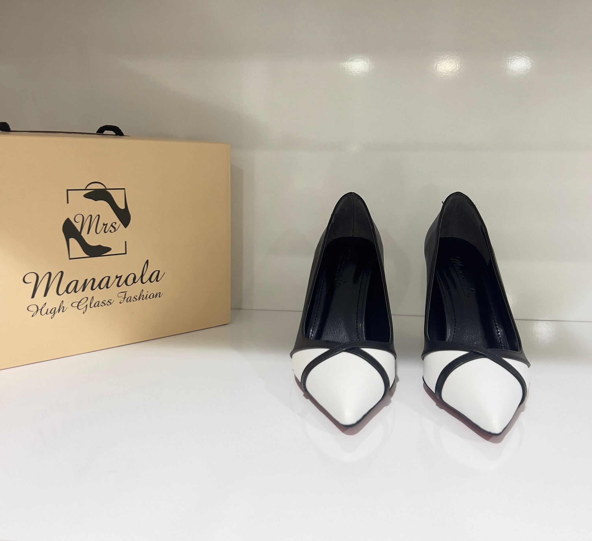 Black Pattern - White x Black (Matte leather (Turkish material); Shiny medium heel with front crisscross leather)