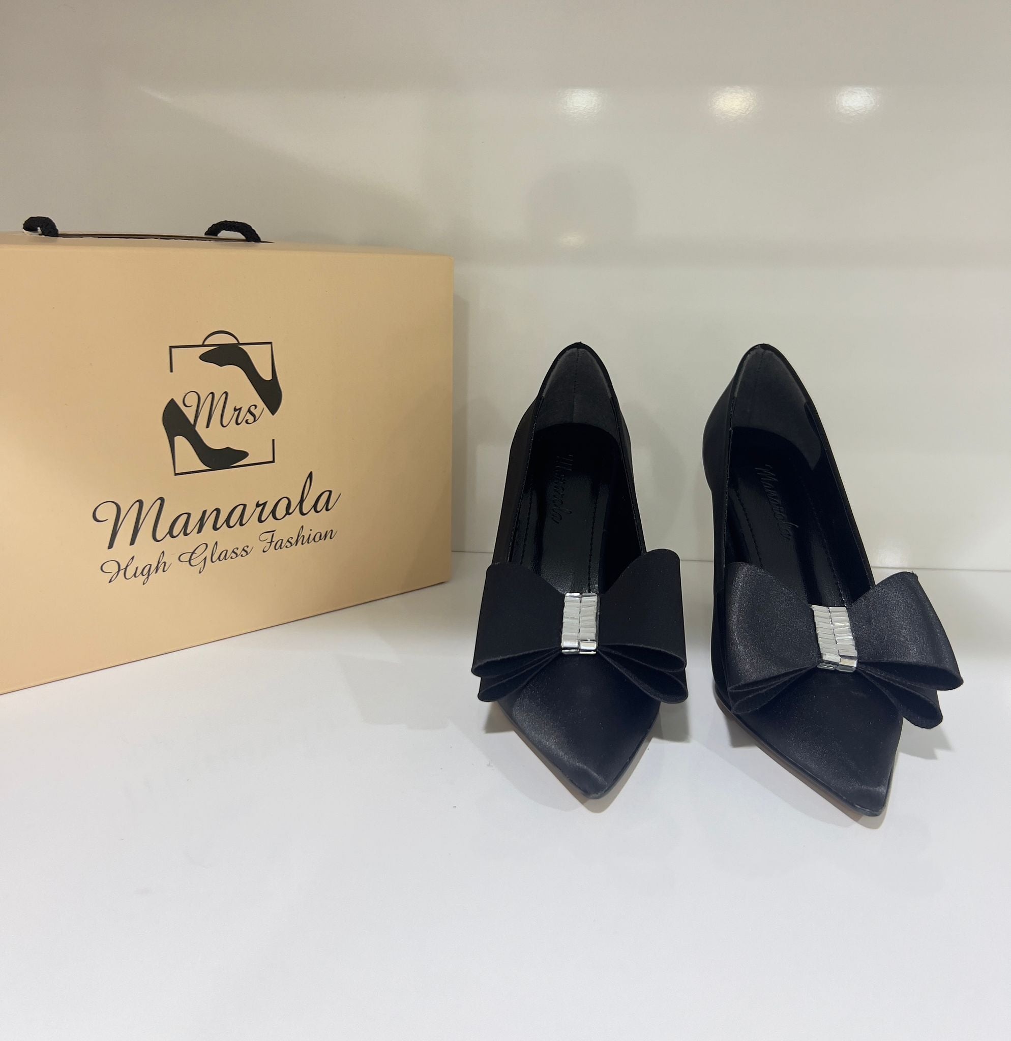 Occasion Black (Satin shimmer; Medium satin heel with front bow)