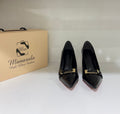 Habsa Black (Rocan Glossy; Shiny medium heel with front gold strap)