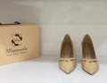 Zara Beige (Matte leather + glossy leather; Shiny medium heel with front gold strap)